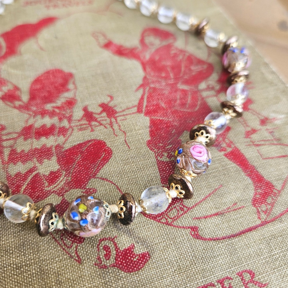 Vintage Murano Wedding Cake Lampwork Floral Glass Bead Necklace Gold Midcentury